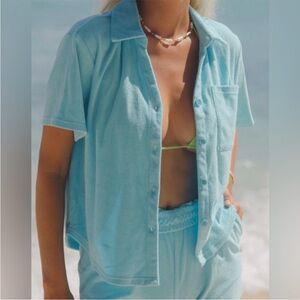 Araminta James Terry Cloth Set Womens Sz L Shirt Shorts Turquoise Beach Cruise